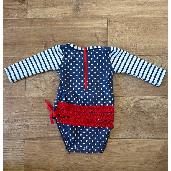 Ruffle Butts Baby Girl's One Piece Swimsuit Size 6-12 Month Navy Red Stripes - Picture 2 of 7